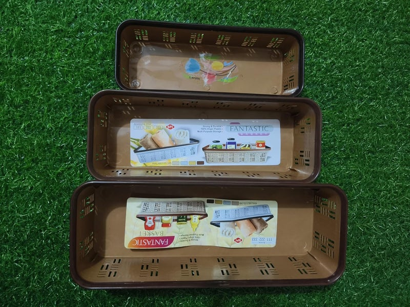 DAIDSUKE Pack of 3 Set Rectangular Narrow Plastic Storage for Desk Basket Organizers for Stationery Jewellery Tools Kitchen OfficeDaiso Brown - Image 1