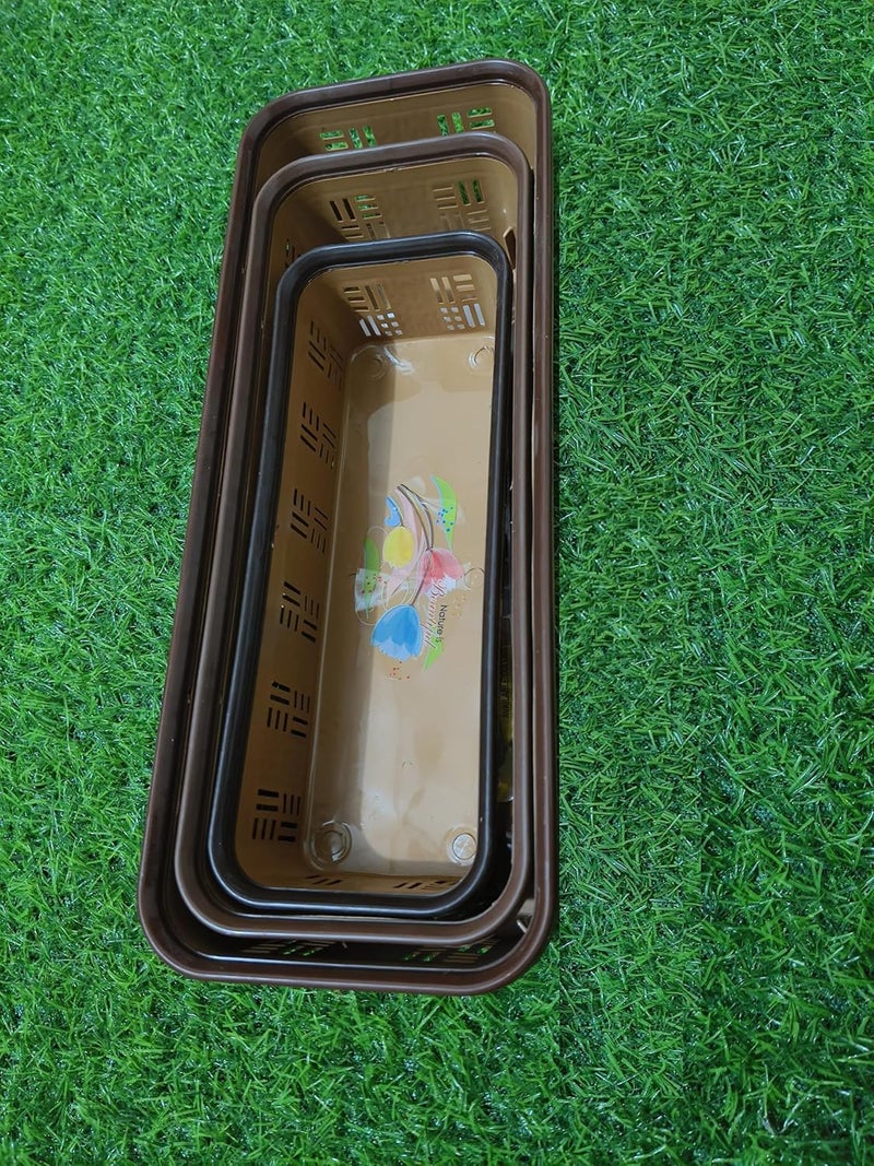 DAIDSUKE Pack of 3 Set Rectangular Narrow Plastic Storage for Desk Basket Organizers for Stationery Jewellery Tools Kitchen OfficeDaiso Brown - Image 5