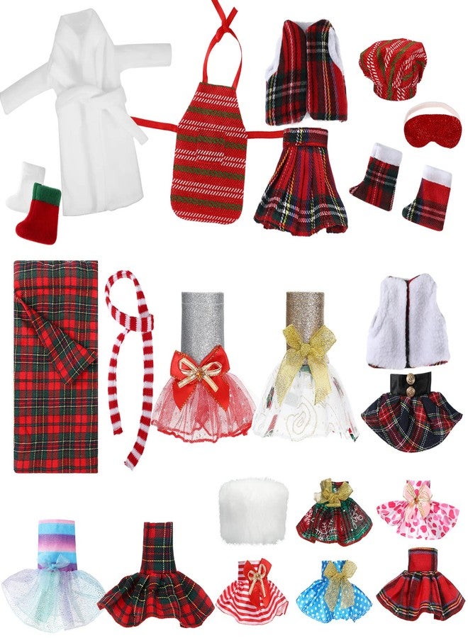 Jerify 24 Pcs Christmas Doll Accessories Set Include Skirts White Bathrobe Plaid Sleeping Bag Fluffy Vest Scarf Stockings Eye Mask Glasses Kitchen Apron and Hat for Christmas Doll Outfit - Image 1