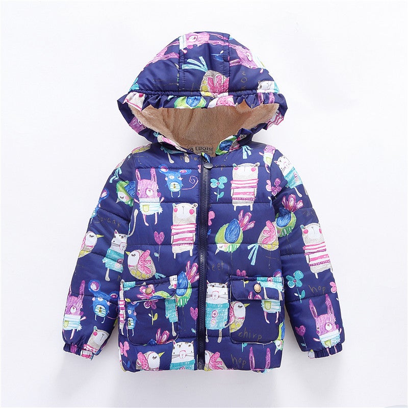 Foreign trade childrens clothing 2020 new graffiti boys and girls small cotton-padded baby children plus velvet padded coat Navy blue 