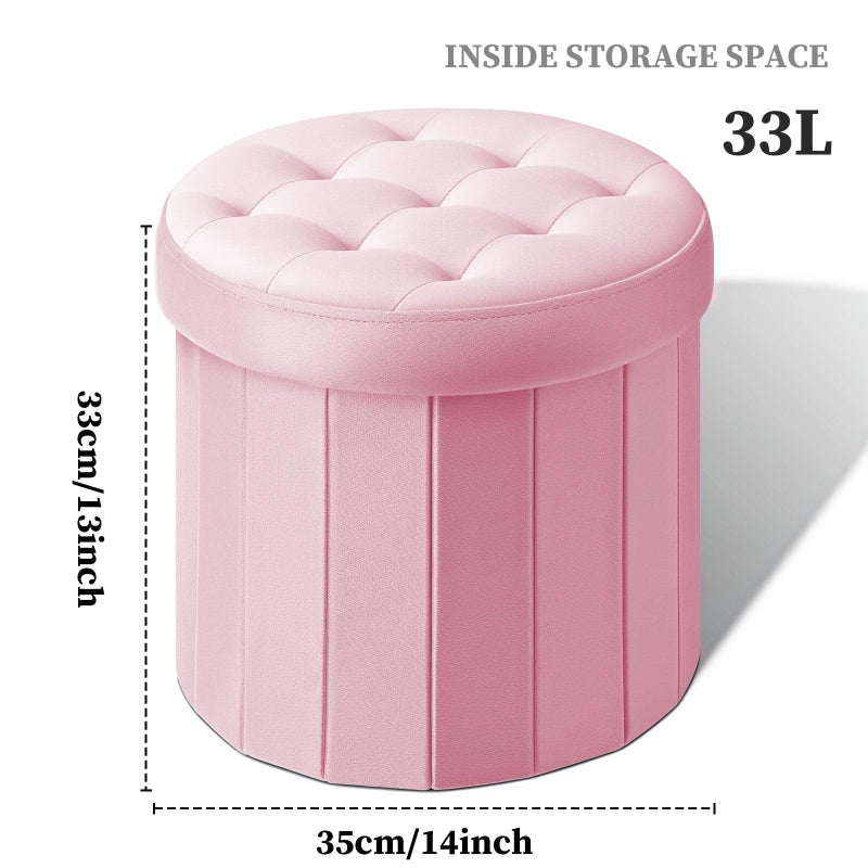 BsketaÂ® Folding Storage Ottoman Round 14" x 14" x 13"Inch Foot Stool with Thicker Foam Padded Seat Small Velvet Storage Ottoman Bench Foot Rest for Living Room Foldable Coffee Table(Pink) - Image 2
