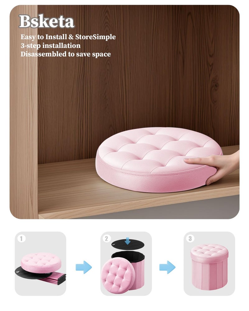 BsketaÂ® Folding Storage Ottoman Round 14" x 14" x 13"Inch Foot Stool with Thicker Foam Padded Seat Small Velvet Storage Ottoman Bench Foot Rest for Living Room Foldable Coffee Table(Pink) - Image 4