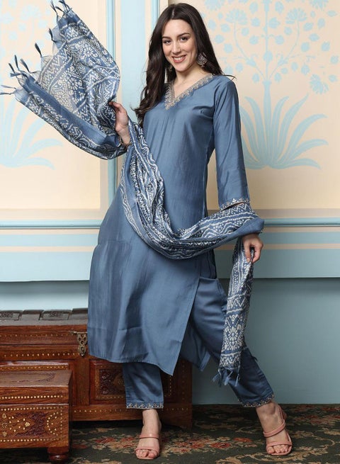 Women Grey 3 pcs Kurta Set with Dupatta