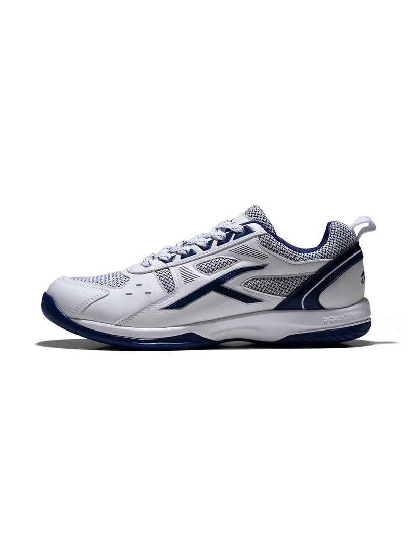 HUNDRED RAZE Badminton Shoe (White/Navy Blue, UK 9 \ US 10 \ EU 43 ) | Mens and Boys | Non-Marking Shoe | Court Shoe | For Badminton, Squash, Tennis Players | X-Cushion, Active Grip Sole, Toe Assist  - Image 1