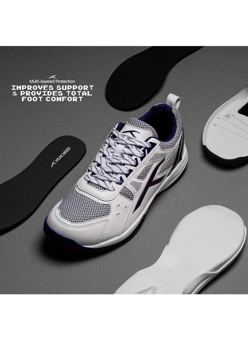 HUNDRED RAZE Badminton Shoe (White/Navy Blue, UK 9 \ US 10 \ EU 43 ) | Mens and Boys | Non-Marking Shoe | Court Shoe | For Badminton, Squash, Tennis Players | X-Cushion, Active Grip Sole, Toe Assist  - Image 2