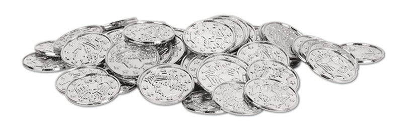 Beistle 100 Piece Silver Embossed Plastic Coins for Western Casino and Pirate Theme Treasure Chest Party Favors, 1.5" - Image 1
