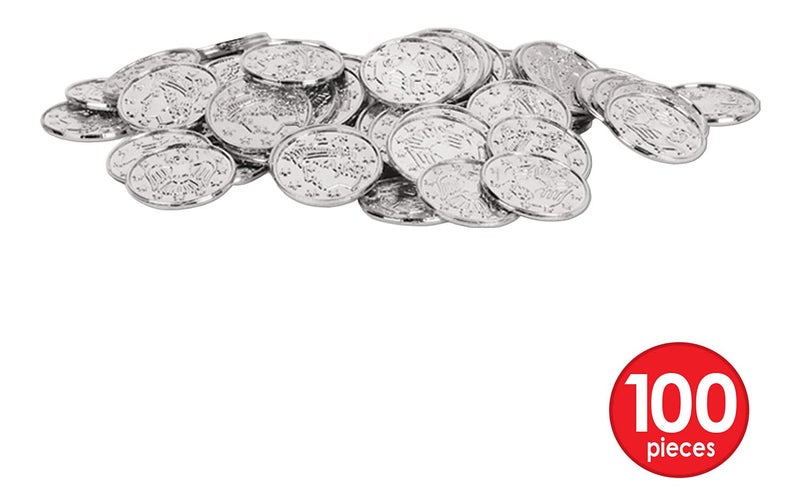Beistle 100 Piece Silver Embossed Plastic Coins for Western Casino and Pirate Theme Treasure Chest Party Favors, 1.5" - Image 3