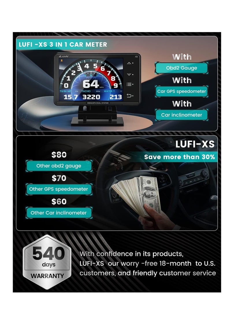Lufi Xs Obd2 Gauge Display, GPS Speedometer,car inclinometer, Boost Gauge, RPM Meter, Heads up Display - Image 2