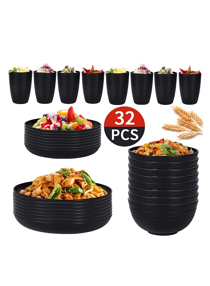 VINNYSEN Dinner Set Plastic Wheat Straw Dinnerware Set Plates and Bowls Set for Unbreakable Modern Dish Set Dessert Plate Cereal Bowl Cup for Kitchen Outdoor Camping Black - Image 1