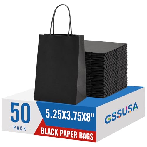 GSSUSA 5.25x3.75x8 50Pcs Black Gift Bags with Handles,Small Gift Bags Craft Bags for Small Business, Black Goodie Bag,Sturdy Kraft Paper Bag, Retail Shopping - Image 1