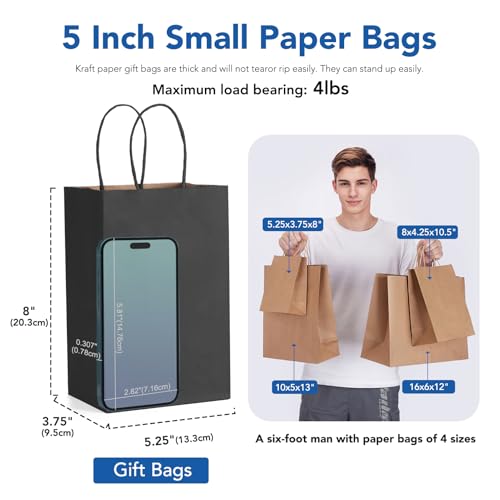 GSSUSA 5.25x3.75x8 50Pcs Black Gift Bags with Handles,Small Gift Bags Craft Bags for Small Business, Black Goodie Bag,Sturdy Kraft Paper Bag, Retail Shopping - Image 2