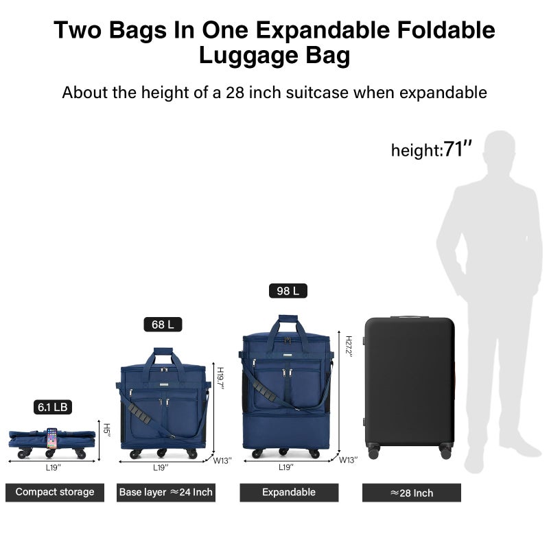 MILADA Expandable Luggage Bags for Travel Foldable Suitcase with Wheels Collapsible Rolling Travel Duffle Bag Lightweight Large Suitcases without Telescoping Handle, Blue - Image 2