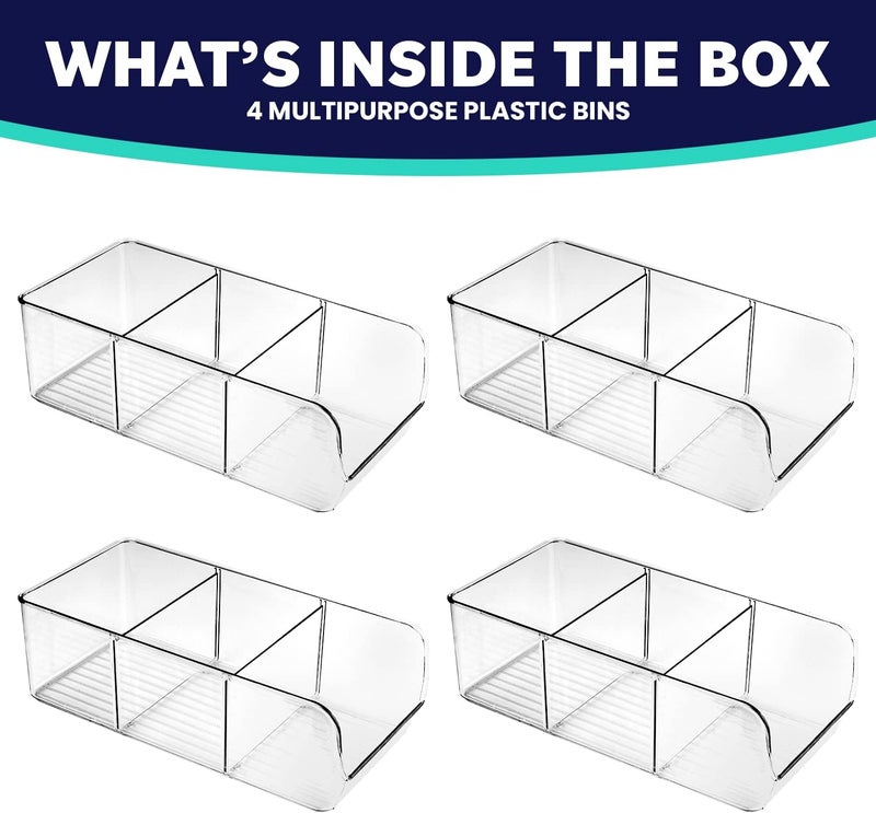 ELTOW Modern 3-Compartment Food Organizer - 4 Pack Clear Plastic Bins with Removable Dividers for Pantry, Kitchen Cabinet, Refrigerator, and More - Image 2