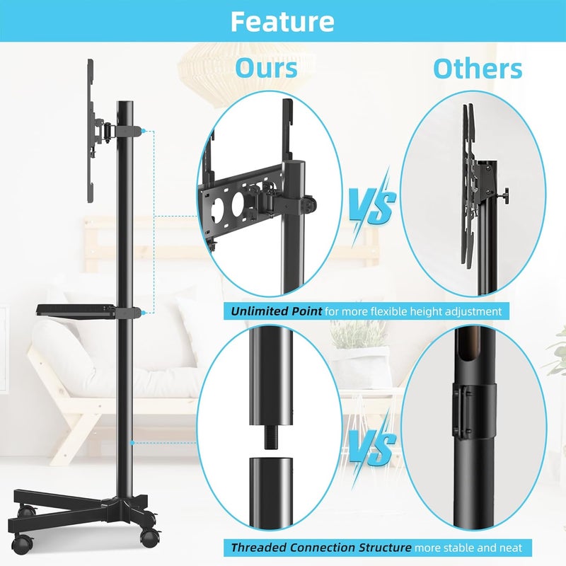 Xinlei Mobile TV Carts on Wheels for 21-60 Inch Flat/Curved Panel Screens TVs - Height Adjustable Floor Trolley Stand with Shelf Holds up to 77lbs - Max VESA 400x400mm - Image 2