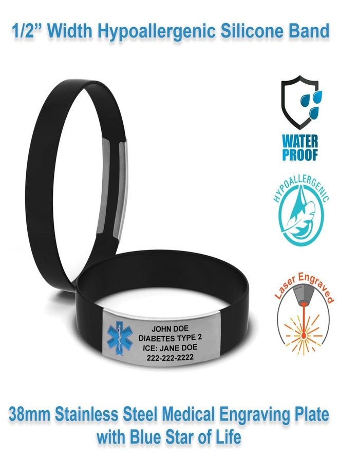 يونيفيرسال ميديكال داتا سوار MedicBand للتنبيه الطبي - سيليكون مقاوم للماء، نقش مخصص (4 أسطر)، يتضمن بطاقة طبية طارئة وإمكانية الوصول المجاني لمدة 12 شهرًا إلى السجل الصحي الشخصي (PHR) - أسود - Image 3