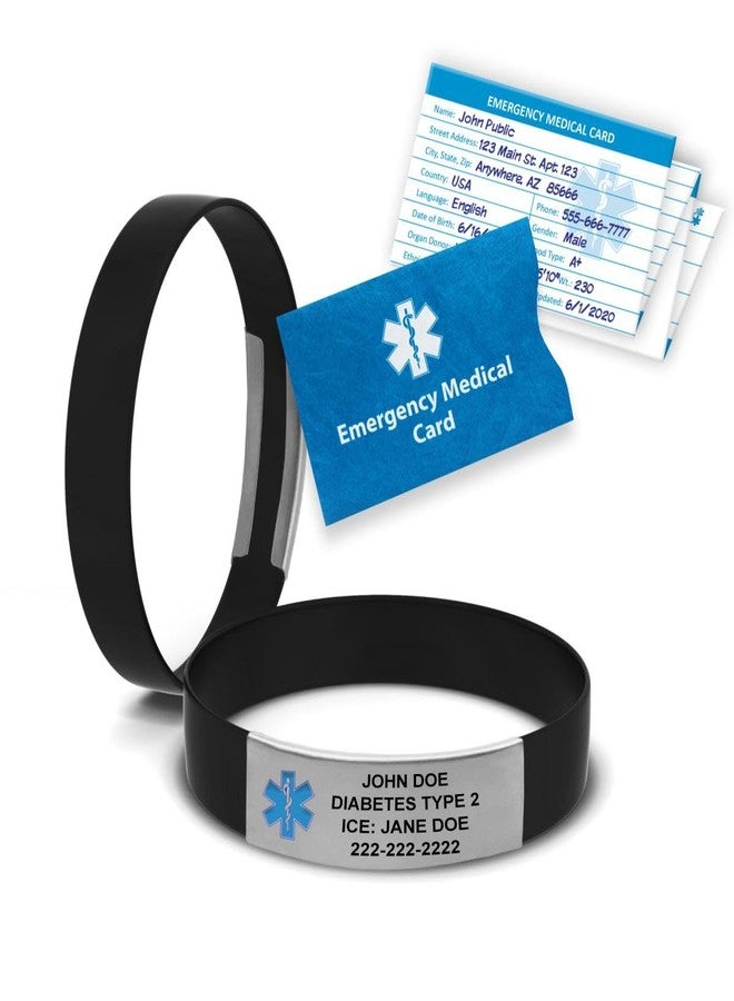يونيفيرسال ميديكال داتا سوار MedicBand للتنبيه الطبي - سيليكون مقاوم للماء، نقش مخصص (4 أسطر)، يتضمن بطاقة طبية طارئة وإمكانية الوصول المجاني لمدة 12 شهرًا إلى السجل الصحي الشخصي (PHR) - أسود - Image 1