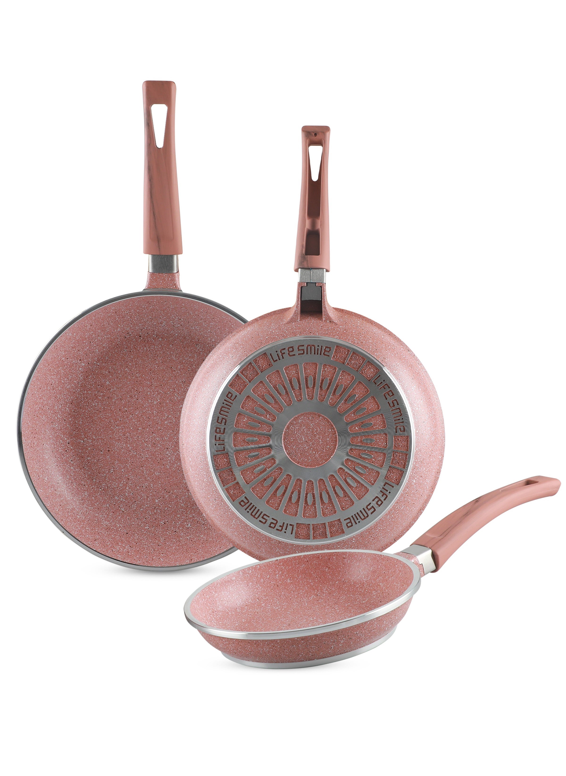 Frying Pan Set - Multi Layer Granite Coating Fry Pan | Include 1x20CM -1x24CM & 1x28CM Non Stick Pan - Heat-Resistant Handle Hanging Loop - PFOA Free Pink 