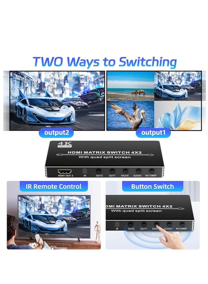 HDMI Matrix Switcher 4X2 with Multiview, HDMI Multi-Visor Quad Multi-viewer Dual Monitor 4K HDMI 4 in 2 Out Multiviewer