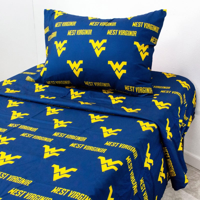 College Covers College Covers Everything Comfy West Virginia Mountaineers Full Sized 4 Piece Sheet Set Team Color Background 1 Flat Sheet 1 Fitted Sheet 2 Pillowcases 