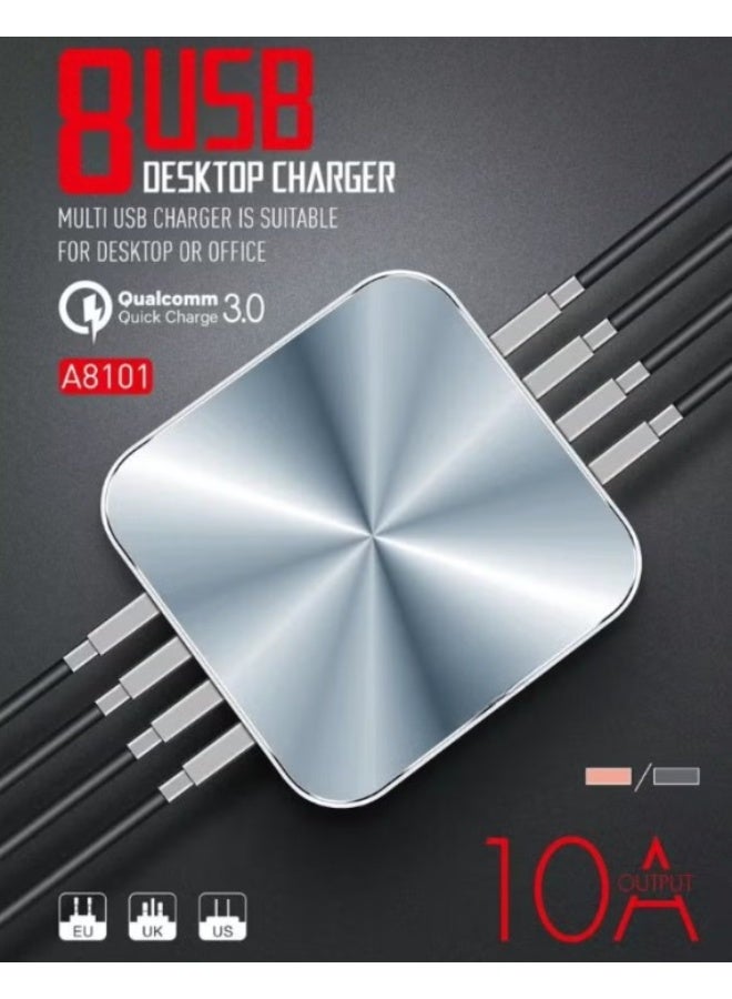 ريبنيو شاحن سريع 50 وات، 8 منافذ USB QC3.0، شاحن سطح مكتب سريع 10 أمبير - Image 1