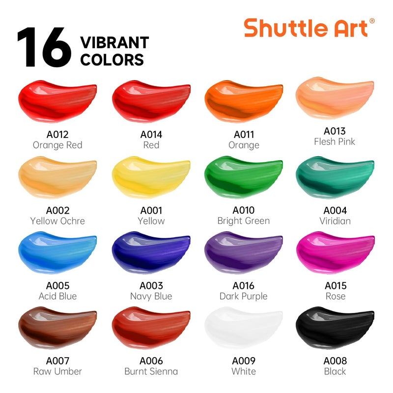 Shuttle Art Acrylic Paint Set, 16 x12ml Tubes Artist Quality Non Toxic Rich Pigments Colors Great for Kids Adults Professional Painting on Canvas Wood Clay Fabric Ceramic Crafts - Image 2