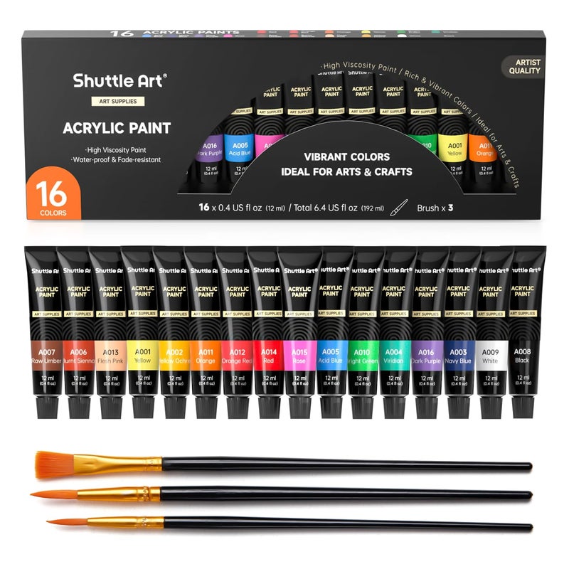 Shuttle Art Acrylic Paint Set, 16 x12ml Tubes Artist Quality Non Toxic Rich Pigments Colors Great for Kids Adults Professional Painting on Canvas Wood Clay Fabric Ceramic Crafts - Image 1