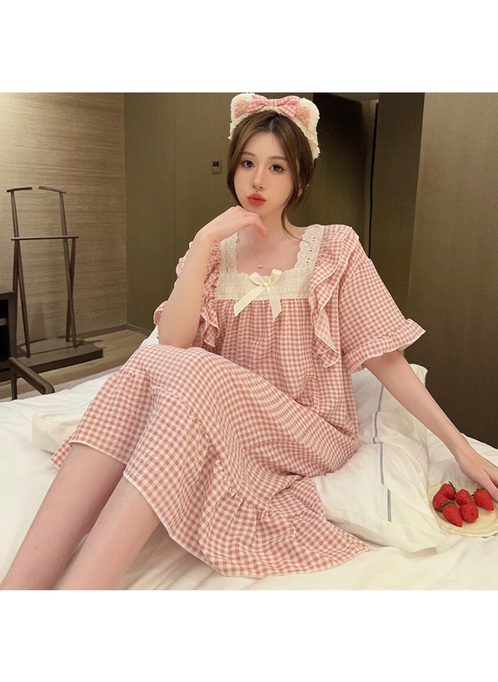 Generic - Summer Plaid Short Sleeve Nightgown Plus Size X3428-2 animals# - Image 1