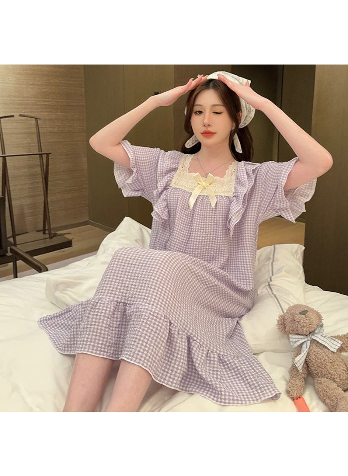 Generic - Summer Plaid Short Sleeve Nightgown Plus Size X3428-2 animals# - Image 1