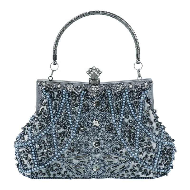 DA BODAN Womens Evening Bag Vintage Beaded Sequin Pearl Clutch Handbag Shoulder Bag Purses for Wedding Bridal Prom Party Gray