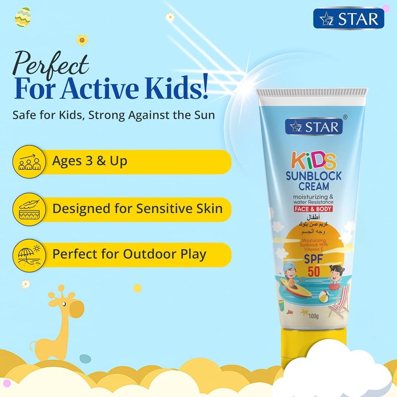 سز ستار كريم واقي من الشمس للأطفال، SPF 50 - (الأكثر أمانًا للأطفال) كريم واقي من الشمس للوجه والجسم خفيف الاستخدام، يحتوي على أكسيد الزنك وثاني أكسيد التيتانيوم وفيتامين E - كريم واقي من الشمس مرطب وغير لزج ومقاوم للماء، مناسب للأطفال (100 جرام) - Image 3