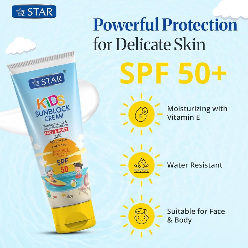 سز ستار كريم واقي من الشمس للأطفال، SPF 50 - (الأكثر أمانًا للأطفال) كريم واقي من الشمس للوجه والجسم خفيف الاستخدام، يحتوي على أكسيد الزنك وثاني أكسيد التيتانيوم وفيتامين E - كريم واقي من الشمس مرطب وغير لزج ومقاوم للماء، مناسب للأطفال (100 جرام) - Image 2