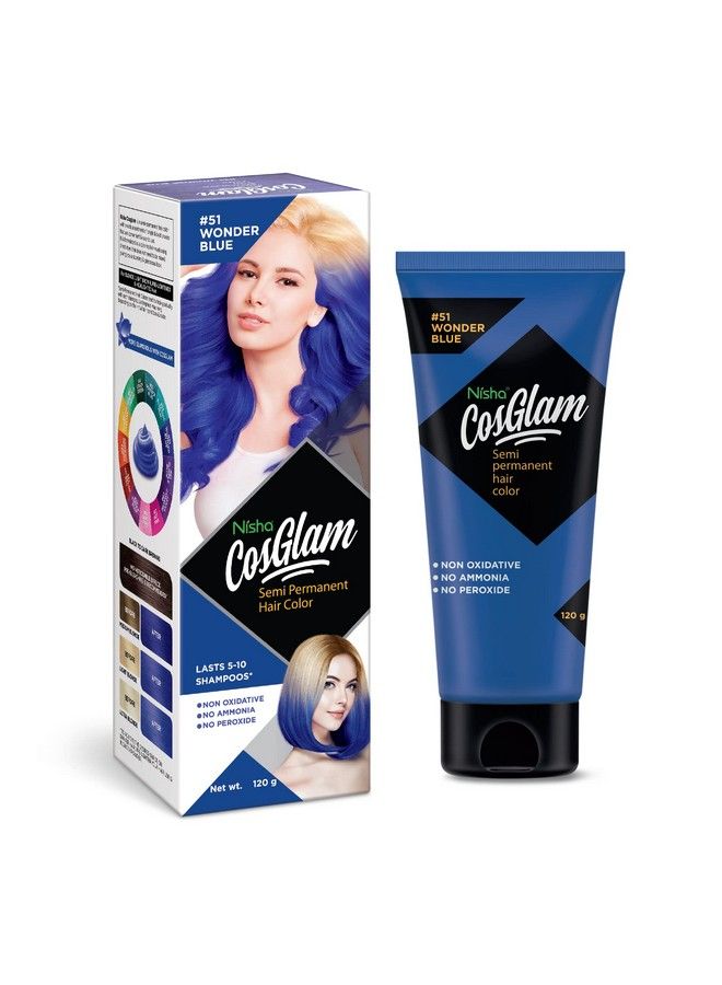 Nisha Cosglam Semi Permanent Hair Color For Unisex Infused Conditioner Glossy Finish No Ammonia No Peroxide & Non Oxidative Vegan Highlights Hair Dye 120G 51 Wonder Blue - Image 1