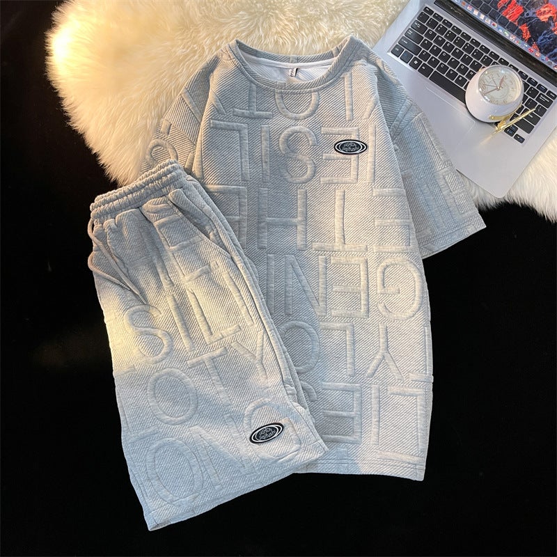 New Hong Kong Style All-match Casual Suit Summer Trendy Three-dimensional Printed Letter Short-sleeved T-shirt Loose Shorts Two-piece Set Black - Image 5