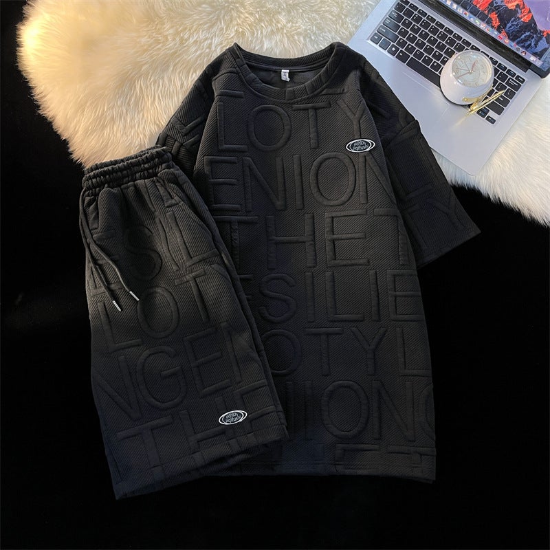 New Hong Kong Style All-match Casual Suit Summer Trendy Three-dimensional Printed Letter Short-sleeved T-shirt Loose Shorts Two-piece Set Black - Image 1
