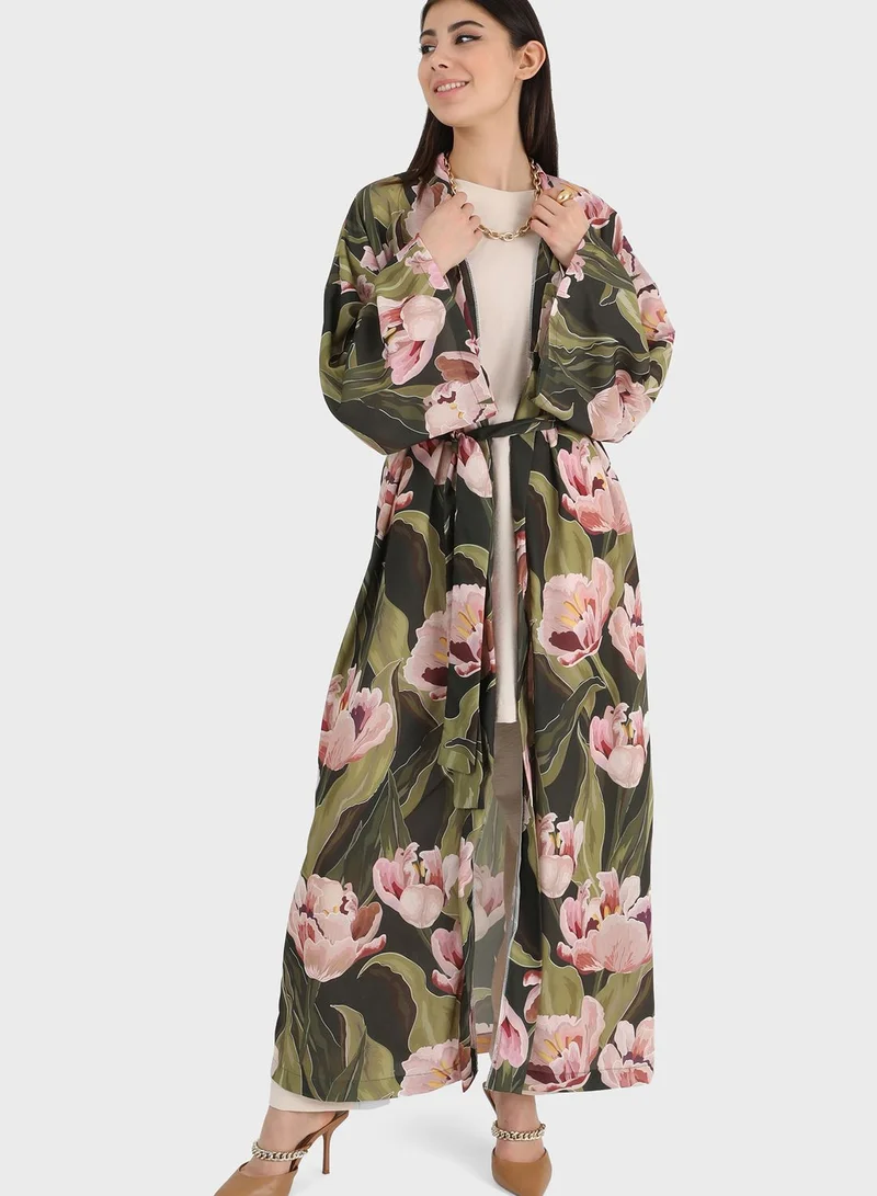 Refka by modanisa Floral Print Belt Detail Kimono