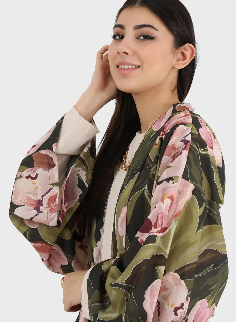 Refka by modanisa Floral Print Belt Detail Kimono