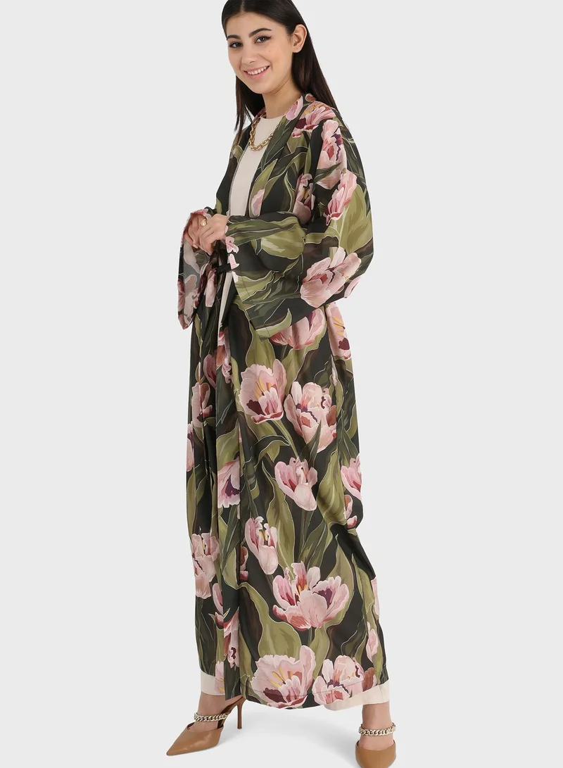 Refka by modanisa Floral Print Belt Detail Kimono