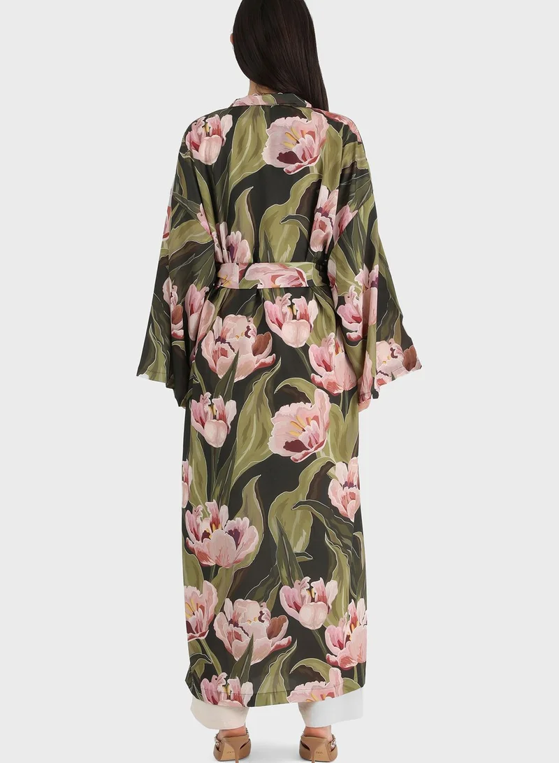 Refka by modanisa Floral Print Belt Detail Kimono