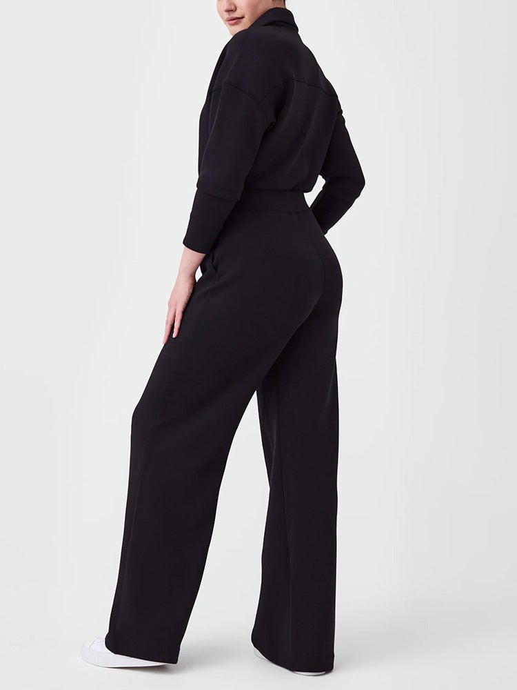 2024 Independent Station New Long-Sleeved Wide-Leg Jumpsuit Jumpsuit Zipper Lapel Sweater Suit Women - Image 3