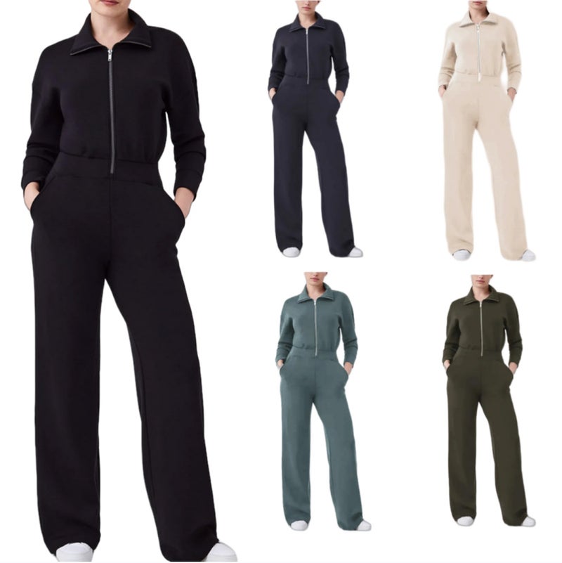 2024 Independent Station New Long-Sleeved Wide-Leg Jumpsuit Jumpsuit Zipper Lapel Sweater Suit Women - Image 2