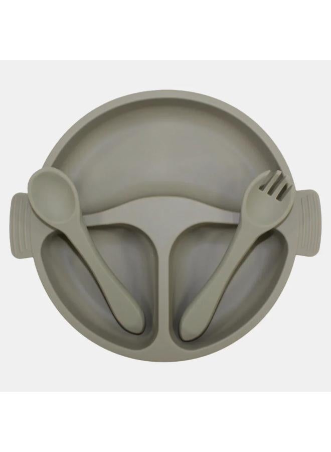 True Gold Silicone Feeding Set – Plate, Fork & Spoon – Olive Green - Image 2