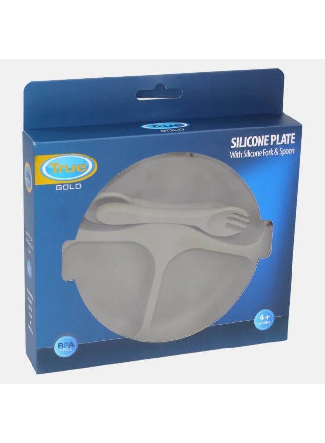 True Gold Silicone Feeding Set – Plate, Fork & Spoon – Olive Green - Image 1