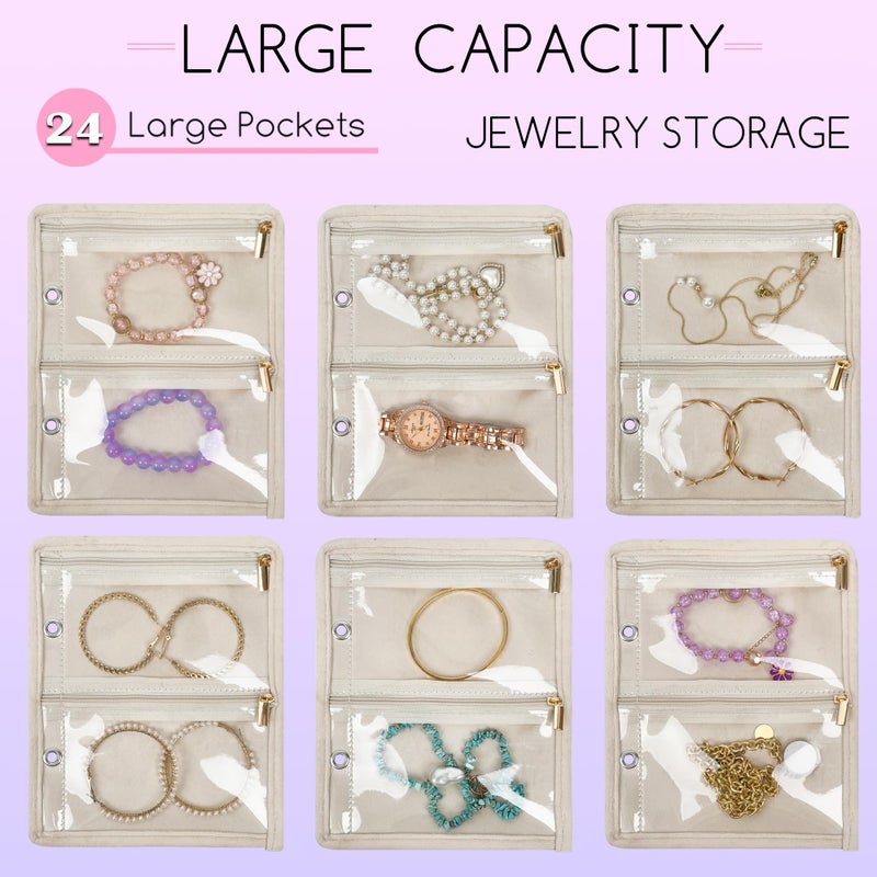 LingLingo Travel Jewelry Organizer Case,Jewelry Bags for Traveling, Jewelry Binder with 24 Pcs Clear Zipper Velvet Pouches for Storing Earrings, Rings, Necklace, Bracelet, Watch (Beige) - Image 3
