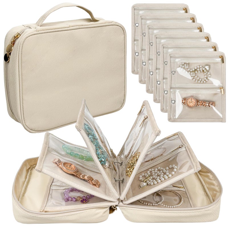LingLingo Travel Jewelry Organizer Case,Jewelry Bags for Traveling, Jewelry Binder with 24 Pcs Clear Zipper Velvet Pouches for Storing Earrings, Rings, Necklace, Bracelet, Watch (Beige) - Image 1