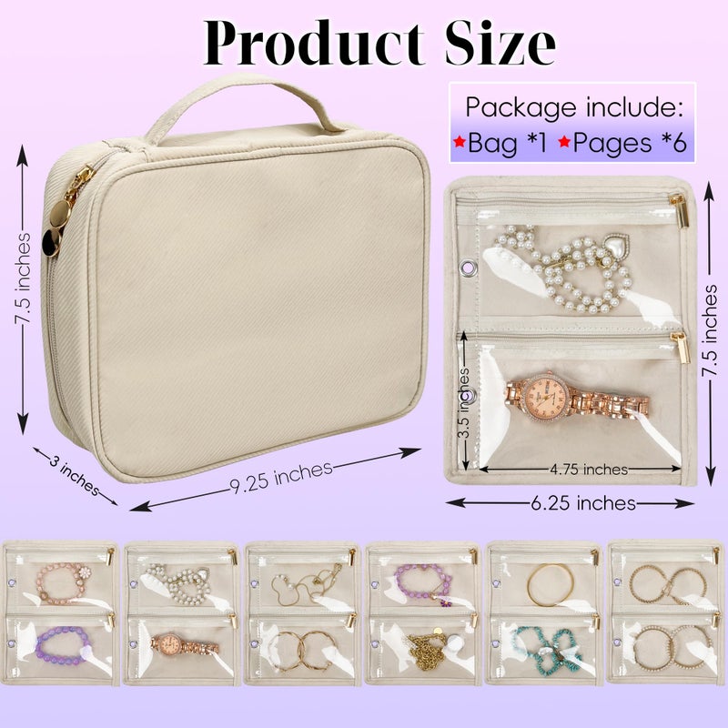 LingLingo Travel Jewelry Organizer Case,Jewelry Bags for Traveling, Jewelry Binder with 24 Pcs Clear Zipper Velvet Pouches for Storing Earrings, Rings, Necklace, Bracelet, Watch (Beige) - Image 2