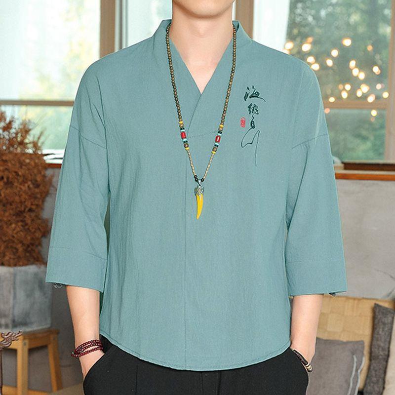 Cotton Linen T-shirt Men's Chinese Style Seven-point Sleeve Men's Buckle Five-point Sleeve Top plus size V-Neck Thin Summer Loose - Image 1