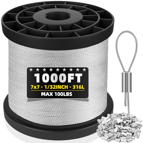 Mariocsa 316 Stainless Steel Cable 1000FT 132IN Wire Rope with 250Pcs Aluminum Sleeves Stops for String Lights Hanging Clotheslines Trellis Wire - Image 1