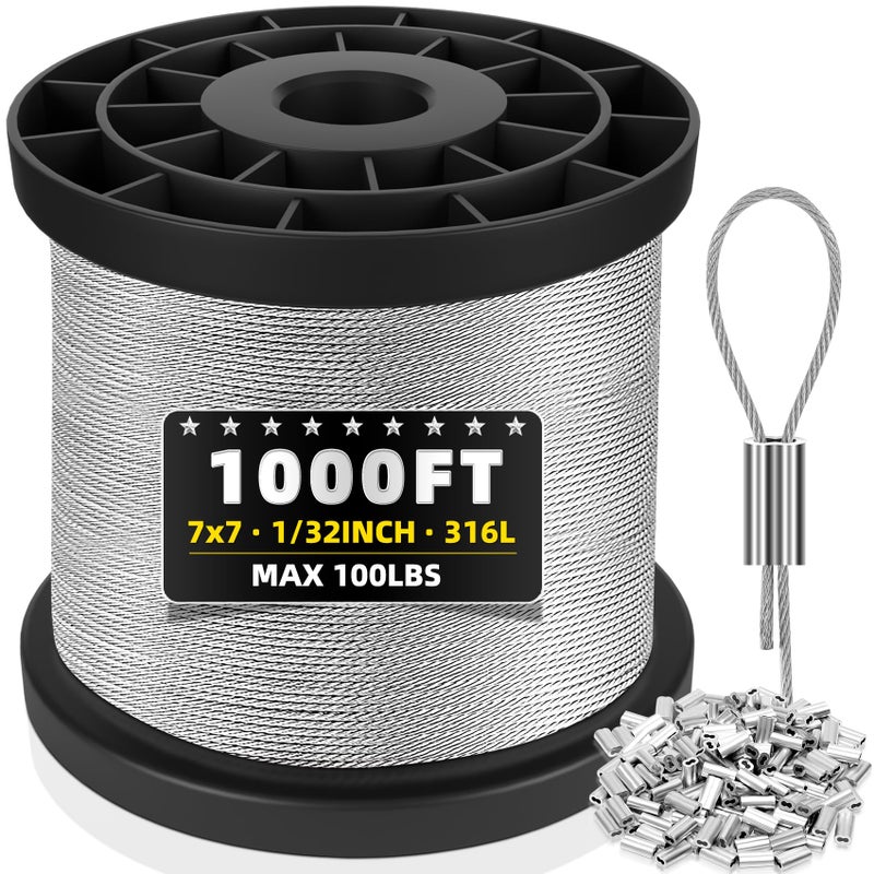 Mariocsa 316 Stainless Steel Cable 1000FT 132IN Wire Rope with 250Pcs Aluminum Sleeves Stops for String Lights Hanging Clotheslines Trellis Wire - Image 2