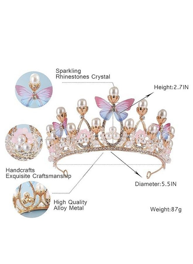GOVINDGOPAL Flower Girl Crown Princess Butterfly Tiara Gold Crystal Rhinestone Pearl Headband for Kids Women Adults Birthday Wedding Quinceanera Pageant From Homecoming Halloween Mermaid Costume Party - Image 4