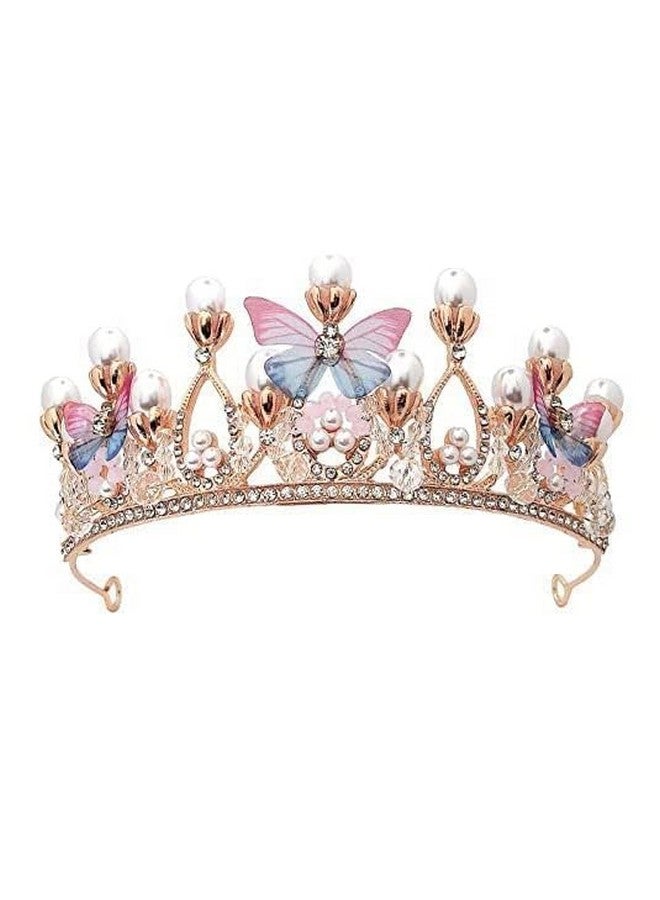GOVINDGOPAL Flower Girl Crown Princess Butterfly Tiara Gold Crystal Rhinestone Pearl Headband for Kids Women Adults Birthday Wedding Quinceanera Pageant From Homecoming Halloween Mermaid Costume Party - Image 1